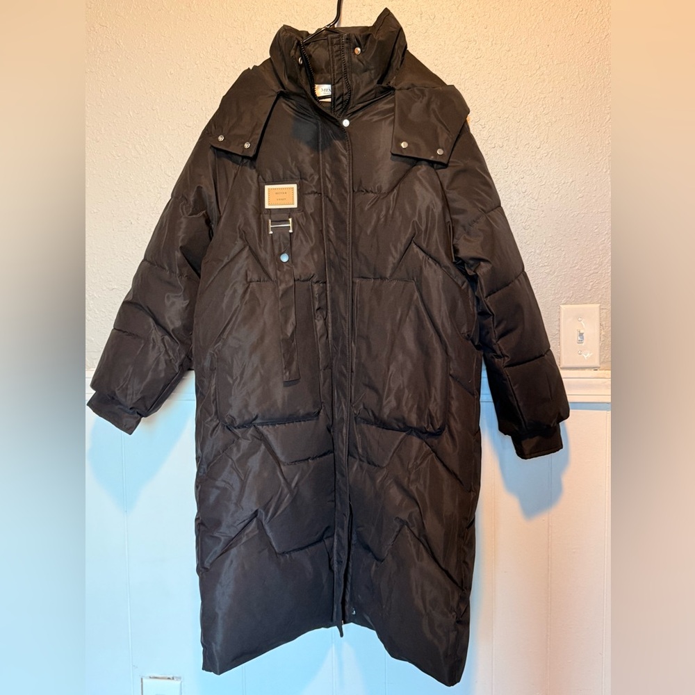 Oversized Black Long Puffer Coat with Detachable Hood